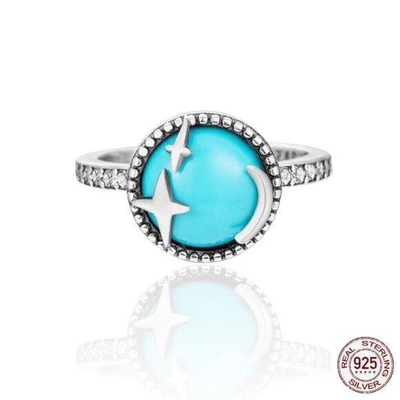 NWT Ring S925 Sterling Silver Stamped Star Moon CZ Turquoise Cabochon Sz. 7 - Picture 3 of 9